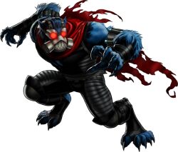 apocalypse_(marvel) beast_(x-men) blue_hair cape claws corruption enemy_conversion furry gas_mask glowing_eyes male_only marvel_avengers_alliance marvel_comics mask official red_eyes short_hair simple_background solo super_hero tech_control transparent_background uniform western whitewash_eyes x-men