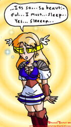  blonde_hair boots breasts brokenteapot dialogue earrings expressionless female_only femsub hypnotic_accessory jewelry large_breasts long_hair open_mouth skirt sleep_command solo sophitia_alexandra soul_calibur_(series) spiral_eyes standing standing_at_attention symbol_in_eyes tech_control text 