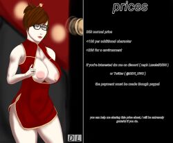 breasts brown_hair china_dress cleavage commission_sheet devi femsub glasses hair_buns mei_(overwatch) open_clothes open_shirt overwatch spiral_eyes symbol_in_eyes text