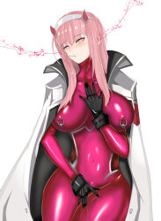  a_string blush bodysuit brain_injection darling_in_the_franxx femsub heart heart_eyes horns long_hair looking_at_viewer nipple_piercing piercing pink_hair pussy_juice solo symbol_in_eyes zero_two 