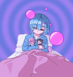 animated animated_gif bed blue_hair bubble closed_eyes drool earbuds fabius femsub hair_covering_one_eye hair_ornament hug hypnotic_audio natsuki_subaru pajamas pillow pixel_art ram_(re:zero) re:zero_starting_life_in_another_world rem_(re:zero) simple_background sleep_command sleeping sleepy spiral_background text wholesome wires 