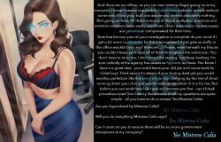  ai_art ambiguous_pov blue_eyes breasts brown_hair caption cleavage enemy_conversion femdom forced_employee glowing_eyes hypnotic_breasts large_breasts lipstick manip office_lady original pov pov_sub text 