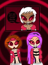 ahoge alternate_costume athena_asamiya bisexual brown_hair choker cleavage collar collarbone dark_skin eyebrows_visible_through_hair eyelashes femsub happy_trance headband heterosexual hourglass_figure hypnoscream hypnotic_eyes jacket king_of_fighters large_breasts long_hair looking_at_viewer maledom malesub multiple_subs navel netorare open_clothes open_mouth psycho_soldier purple_hair red_background red_eyes ring_background ring_eyes short_hair sie_kensou smile smirk speech_bubble standing surprised suspenders text white_hair wide_hips yaoi yashiro_(king_of_fighters)