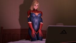  3d animated animated_gif blonde_hair bodysuit breasts captain_marvel carol_danvers clothed computer eye_roll female_only femsub hypnotic_screen kneeling large_breasts marvel_comics monitor open_mouth seamless source_filmmaker super_hero 