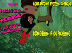 aged_up breasts coils disney genderswap hypnotic_eyes kaa kaa_eyes large_breasts mowgli resisting text the_jungle_book topless undressing waqqed_(manipper)