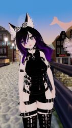  3d animal_ears breasts collar female_only femsub hextechvr latex pasties purple_hair spiral_eyes thong vrchat 