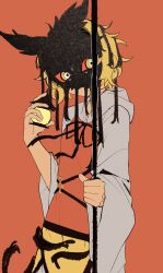 absurdres androgynous_dom blonde_hair clothed commeowdore corruption dream_tiger_(govy9807) femsub hood hoodie hypnotic_slime looking_at_viewer looking_back mask orange_background original possession red_sclera short_hair shou_toramaru simple_background skirt slime spear touhou weapon