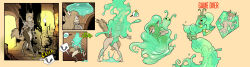 absurdres animal_ears armor bottomless breasts comic green_hair hugothetroll large_breasts long_hair nude original ponytail possession sequence slime tail topless transformation