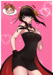  aura black_hair blue_eyes blush brown_hair clothed earrings eye_color_change femsub glowing hand_on_hip heart heterosexual holding_breasts husband_and_wife lj-comics loid_forger maledom monkittea possession short_hair spy_x_family symbol white_eyes yor_briar 