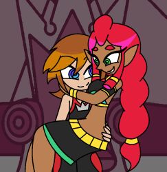 aged_up bare_shoulders belt blue_eyes bracelet braid breath_of_the_wild brown_hair consensual crossover dark_skin disney elf_ears eyebrows_visible_through_hair eyelashes femsub gerudo green_eyes happy_trance hug hypnoscream kingdom_hearts large_breasts long_hair love makeela_riju malesub midriff necklace nintendo red_hair ring_eyes shiny_hair short_hair simple_background sitting sitting_on_lap skirt smile sora square_enix sub_on_sub tank_top tears_of_the_kingdom the_legend_of_zelda wide_hips