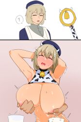  arms_above_head arms_behind_back before_and_after bell bell_collar blonde_hair blush breasts breasts_outside choker closed_eyes clothed_exposure confused cow_girl cow_print cowbell delicious_in_dungeon falin_touden femsub hat horns hucow lactation milk milking nipples open_mouth ryuugu short_hair simple_background staff sweat tears trembling unhappy_trance white_background 