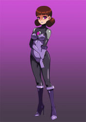  bodysuit boots brown_hair empty_eyes erect_nipples erect_nipples_under_clothes eyelashes female_only femsub gloves gradient_background happy_trance hypnotic_accessory latex leotard lipstick looking_at_viewer makeup megaman_(series) megaman_battle_network ms.mari ochiman1919 pink_background purple_eyes rubber short_hair simple_background smile solo standing symbol tech_control 