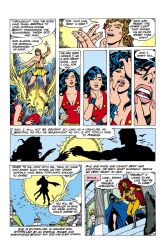  black_hair blonde_hair bracers cleavage comic curly_hair dc_comics dialogue donna_troy earrings femsub hand_on_head hug maledom official_art open_mouth orgasm raven skirt starfire super_hero teen_titans text western 