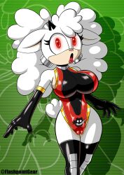 animal_ears bodysuit boots breasts eyelashes flashpointgear furry gloves glowing_eyes lanolin_the_sheep large_breasts latex leotard open_mouth opera_gloves sheep_girl sonic_the_hedgehog_(series) tail thighhighs white_hair white_skin