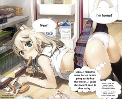  absurdres all_fours animal_ears cat_girl cat_pose consensual empty_eyes food humor idpet_(manipper) kantoku manip paws pet_play skirt tail text underwear 