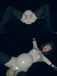  3d ass black_hair blush brown_eyes censored comic cum cum_in_pussy dazed eye_roll femsub gloves high_heels honey_select_2 latex murochi-san on_back open_mouth opera_gloves pregnant rubber short_hair small_breasts soldier_no.2_(murochi-san) tears thigh_boots thighhighs tight_clothing tongue tongue_out 