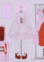 bow brynkiwi catalepsy choker cum display dollification dress empty_eyes femsub freckles frills happy_trance high_heels one_bar_prison pink_eyes pink_hair pink_lipstick posed pussy_juice spiral standing text thought_bubble