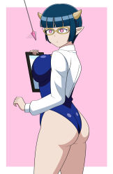 ass demon_girl femsub glasses horns jimryu large_breasts leotard level_one_demon_lord_and_one_room_hero pendulum short_hair swimsuit zenia_(level_one_demon_lord)