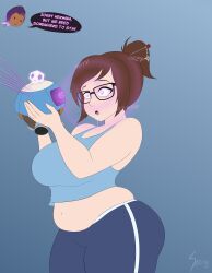  absurdres blue_background brain_drain breasts brown_hair chubby clothed dialogue drool femdom femsub glasses glowing gradient_background hacking hairpin hypnotic_accessory hypnotic_screen large_breasts mei_(overwatch) midriff mind_break navel open_mouth overwatch ponytail purple_eyes robot signature snowball sombra_(overwatch) tank_top tech_control thesalazar 
