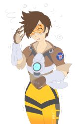 breasts brown_eyes brown_hair dazed female_only femsub goggles hypnotic_accessory large_breasts open_mouth overwatch plsgts short_hair solo surprised tech_control tracer