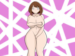 bottomless breasts brown_hair expressionless female_only femsub large_breasts lgd my_hero_academia nude ochaco_uraraka short_hair simple_background solo spiral_eyes symbol_in_eyes topless