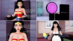  3d black_hair dc_comics empty_eyes femsub happy_trance hypnotic_screen justice_league_(series) justice_league_unlimited koikatsu! large_breasts maid maid_headdress spiral_eyes text wonder_woman wonder_woman_(series) yb1999 