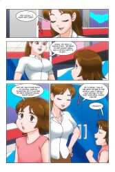 absurdres akina_mirakami_(daveyboysmith9) aoi_mirakami_(daveyboysmith9) border brown_eyes brown_hair closed_eyes clothed comic dialogue empty_eyes english_text female_only femsub happy_trance large_breasts loli long_hair mother_and_daughter multiple_girls multiple_subs original short_hair smile speech_bubble story text wadevezecha