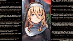 animated animated_gif belko blonde_hair blue_eyes bra breasts character_request cleavage clothed copyright_request english_text femdom gloves hypnotic_breasts large_breasts looking_at_viewer malesub manip nun smile text undressing unknownn_(manipper)