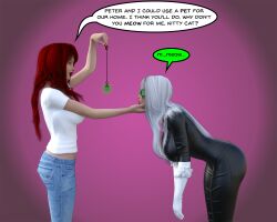 3d black_cat bodysuit breasts chin_hold dazed dialogue felicia_hardy female_only femdom femsub glowing glowing_eyes jeans large_breasts long_hair marvel_comics mary_jane_watson pendulum pet_play red_hair spider-man_(series) super_hero text theheckle white_hair 