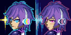 akira_sora androgynous animated animated_gif before_and_after blue_eyes bodysuit drool headphones hypnotic_audio latex malesub original pixel_art professor-celestino purple_hair tech_control