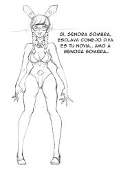 bare_shoulders bunnysuit cleavage d.va femsub gguy123 greyscale happy_trance monochrome open_mouth overwatch sketch spanish text visor