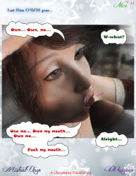 3d absurdres brown_eyes brown_hair christmas comic fellatio femsub hat kneeling magic maledom mistralonyx necklace original penis poser text tongue tongue_out vvrayven