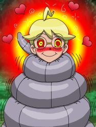  arbok blonde_hair blush clemont coils glasses happy_trance heart male_only malesub nintendo pokemon pokemon_x_and_y ring_eyes snake thescaletrain 