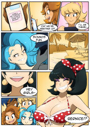 bikini_top black_hair blonde_hair blue_hair brown_hair comic female_only kobi94 large_breasts original phone ponytail text