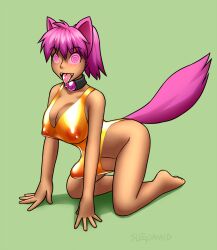 all_fours animal_ears blush breasts bulge cleavage collar drool erect_nipples erection fangs fox_futa futa_only futanari futasub happy_trance hypnotic_accessory kneeling large_breasts latex open_mouth original penis pet_play pink_eyes pink_hair ponytail sleepymaid solo spiral_eyes swimsuit symbol_in_eyes tail tongue tongue_out