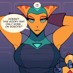  angela_cross animated animated_gif armpits arms_above_head breasts cdlum cyan_eyes dialogue drool female_only femsub furry large_breasts open_mouth ratchet_and_clank shrunken_irises spiral_eyes symbol_in_eyes tech_control text tongue tongue_out 