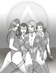 breasts femdom greyscale huge_breasts large_breasts long_hair monochrome short_hair tech_control trishbot
