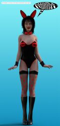  3d alternate_costume black_hair bow_tie bunny_ears bunny_girl bunnysuit cuffs dialogue fake_animal_ears female_only femsub fishnets gradient_background happy_trance high_heels kisstress_(theheckle) knee-high_boots latex legs lipstick long_hair maledom open_mouth original red_lipstick simple_background smile solo speech_bubble spiralwash_eyes standing standing_at_attention text theheckle thighhighs 