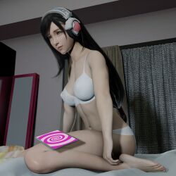  3d barefoot bed black_hair cell_phone cleavage erect_nipples erect_nipples_under_clothes esccc expressionless eye_roll feet female_only femsub final_fantasy final_fantasy_vii hypnotic_app hypnotic_audio hypnotic_screen kneeling long_hair navel phone red_eyes solo tech_control tifa_lockhart underwear wufan870203 