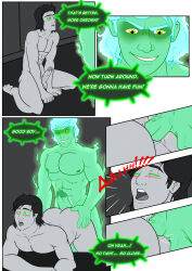 ahegao all_fours anal ass_rub black_hair blush breasts comic erection evil_smile ghost glowing glowing_eyes green_eyes huge_cock hypnotic_eyes kneeling large_breasts male_only maledom malesub multiple_boys muscle_boy penis redbox sex smile text tongue tongue_out yaoi