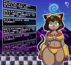  animal_ears bikini bikini_bottom bikini_top blue_eyes bracers brown_hair cat_ears cat_girl cat_tail cleavage complex_background defeated drool female_only femsub furry gameoverse gameplay_mechanics gloves gradient_eyes harvestman_here hourglass_figure kit_bodega_(gameoverse) large_breasts open_mouth pixel_art short_hair solo spiral tail text thick_thighs thigh_gap thighs weak_resistance wide_hips 