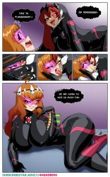 4headboiii absurdres ahoge alien breasts closed_eyes corruption dazed dialogue english_text evil_smile female_only femdom femsub fusion glowing glowing_eyes goggles hair_color_change high_heels hypnotized_dom kissing large_breasts long_hair long_tongue lying marvel_comics mind_break mitsonia_(goddessmitsuko+the_goddess_sonia) mitsuko_(goddessmitsuko) multiple_girls open_mouth original posed posing possession red_hair scar scared smile sonia_(the_goddess_sonia) sub_on_sub sweat symbiote text tongue tongue_out visor yuri