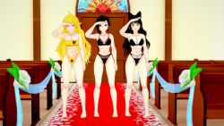  black_hair blake_belladonna blonde_hair femsub happy_trance hypnobrother long_hair ruby_rose rwby short_hair sleeping spiral_eyes standing swimsuit yang_xiao_long 