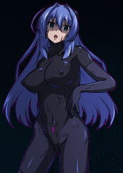 aoi_tabane blue_background blue_eyes blue_hair bodysuit breasts complex_background dead_source drool empty_eyes erect_nipples erect_nipples_under_clothes female_only femsub kouyoku_senki_exs-tia latex leotard looking_at_viewer marina_katsuragi open_mouth rubber see-through solo standing tight_clothing tongue very_long_hair 