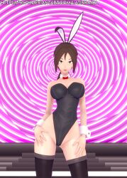 3d bow_tie brown_eyes brown_hair bunny_girl bunnysuit collarbone cuffs digimon empty_eyes female_only femsub hand_on_hip happy_trance huge_hips large_breasts latinkaixa milf ponytail posing smile solo spiral_background standing thighhighs yuuko_kamiya