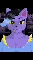  animated baphomet black_eyes black_hair cat_girl catty_(undertale) cleavage cleavage_cutout drool earrings eye_roll female_only femsub finger_snap freckles furry happy_trance looking_at_viewer outdoors purple_eyes purple_hair ring_eyes shirt short_hair smile solo surprised sweat tongue tongue_out undertale video yellow_sclera 