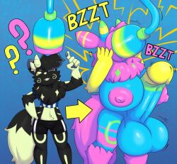  ass ass_expansion balls before_and_after black_hair black_skin blue_skin bottomless breast_expansion breasts confused corruption crop_top deltarune electricity erection furry futasub hand_on_head hand_on_hip huge_balls huge_breasts huge_cock instant_loss midriff original penis pink_skin razzybun short_hair shorts simple_background smile text transformation werewire white_eyes 