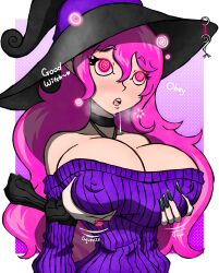  accord_(accord) breast_grab breasts drool ereme_(bobbette) femdom femsub groping hat large_breasts long_hair open_mouth orphan2 pink_eyes pink_hair simple_background spiral spiral_eyes sweater text witch witch_hat 