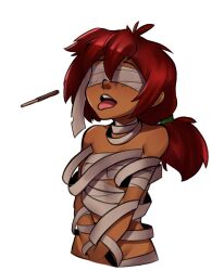 blindfold blush breasts cosplay dark_skin female_only femsub food freckles halloween malberrybush malyna_(malberrybush) midriff mummy navel open_mouth original ponytail red_hair small_breasts text tongue tongue_out white_background