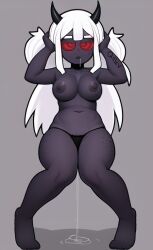  ai_art bare_breasts black_skin demon_girl drool expressionless femsub freckles glowing_eyes horns kaa_eyes midriff novelai_(ai) pussy_juice qiller red_eyes solo white_hair 